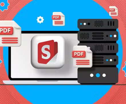 Illustration d'un serveur avec le logo Stirling-PDF et plusieurs icônes PDF autour.