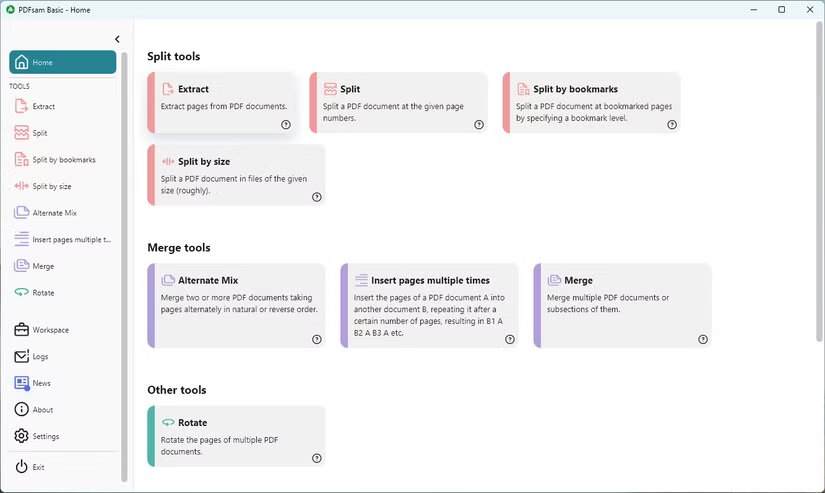 Une capture d'écran montrant PDFsam Basic en action.