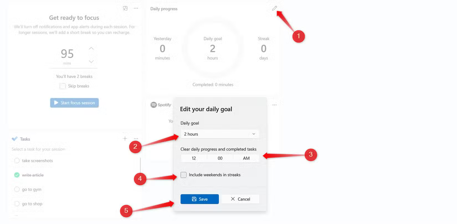 Ajustement de l'objectif de progression quotidien des sessions Focus dans l'application Clock sous Windows.