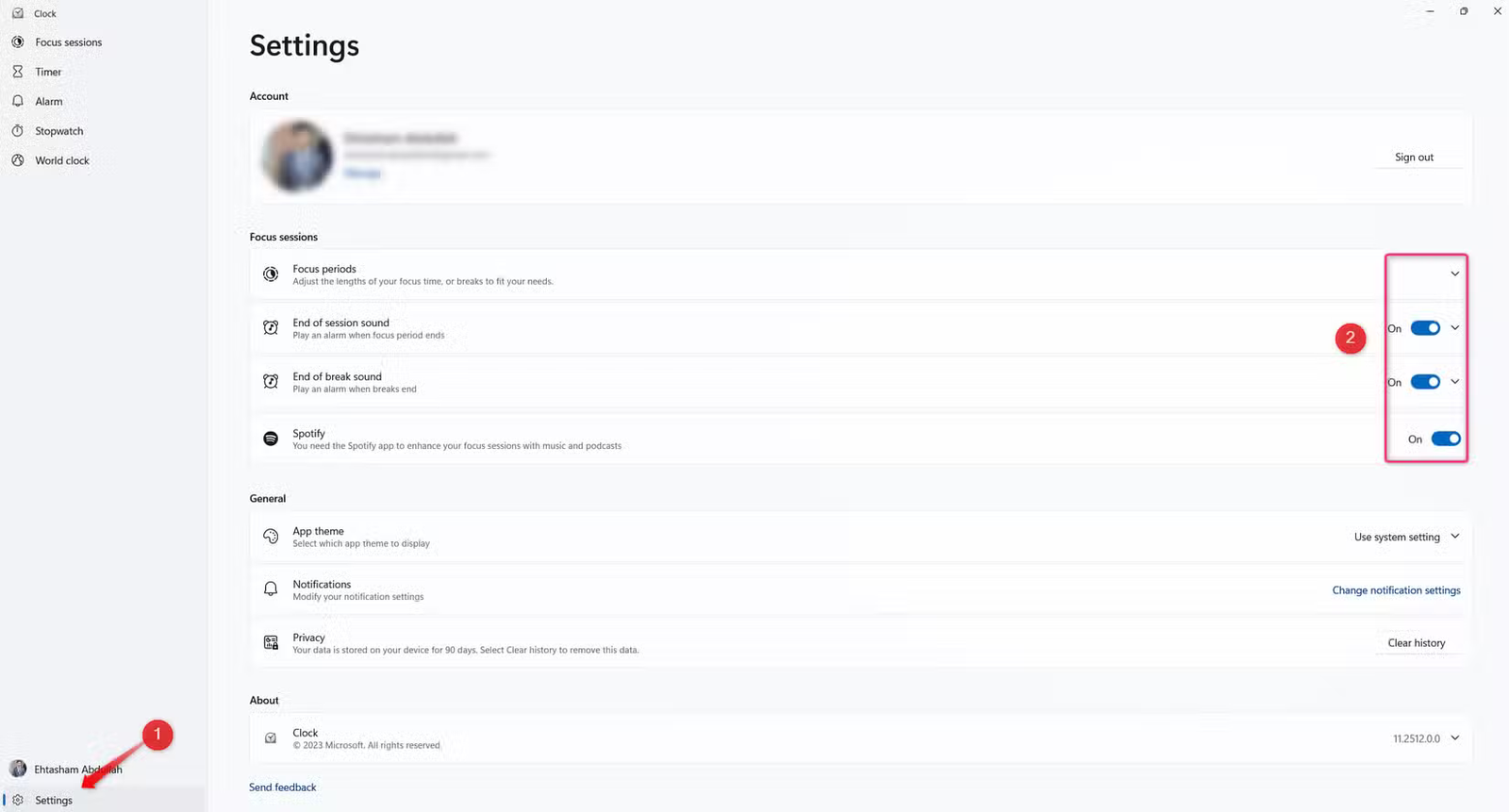Ajustement des paramètres des sessions Focus dans l'application Clock sous Windows.