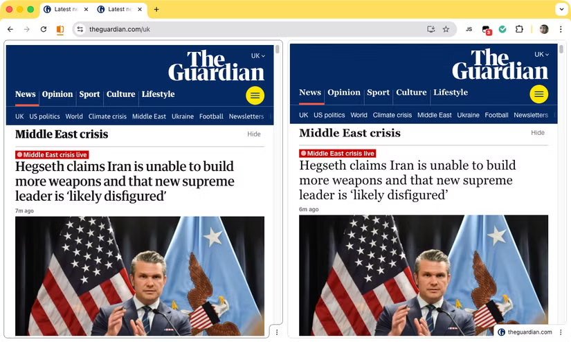 Deux vues de la page d'accueil de Guardian, une affichant les polices Web, une affichant les polices de secours par défaut du navigateur.