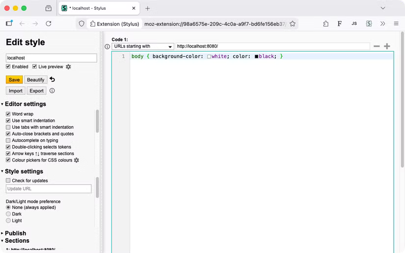 L'éditeur Stylus avec une fenêtre principale pour la saisie CSS et un panneau latéral affichant les paramètres de retour à la ligne, d'indentation, etc.