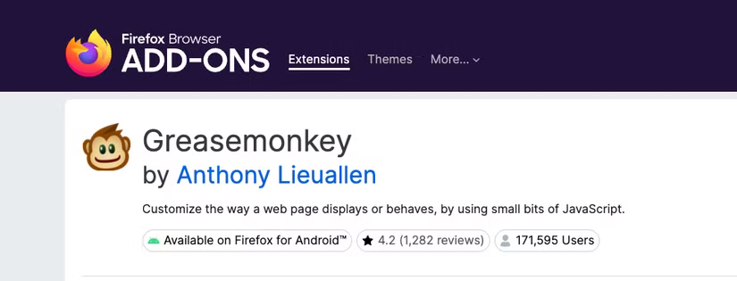 La page Web de l'extension Firefox pour Greasemonkey.