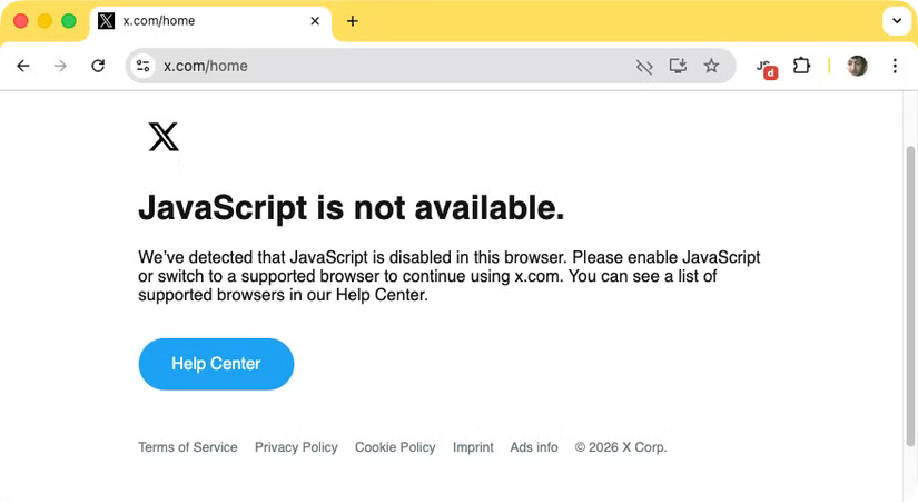 La page d'accueil de X affichant un "JavaScript n'est pas disponible" message.