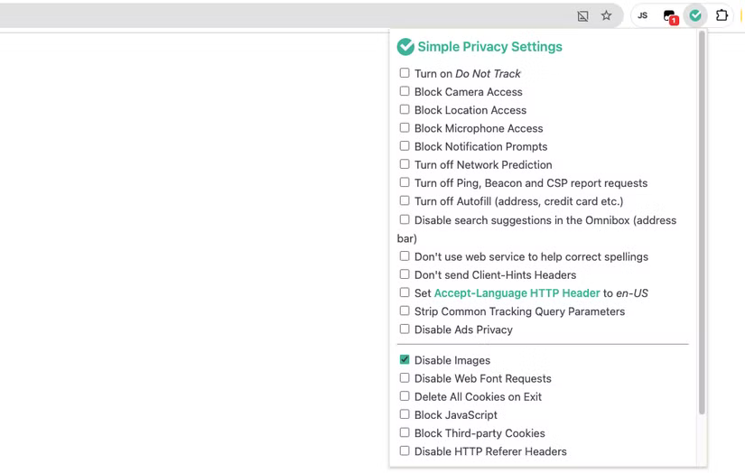 Le menu Paramètres de confidentialité simples.