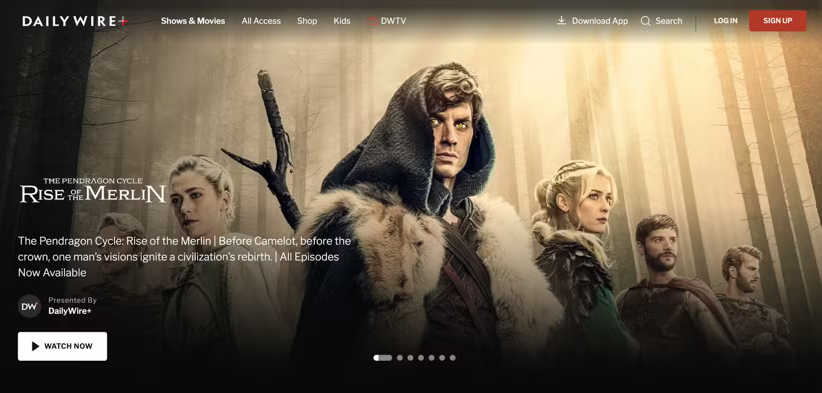 Capture d'écran de la page d'accueil de The Pendragon Cycle : Rise of the Merlin sur DailyWire+.