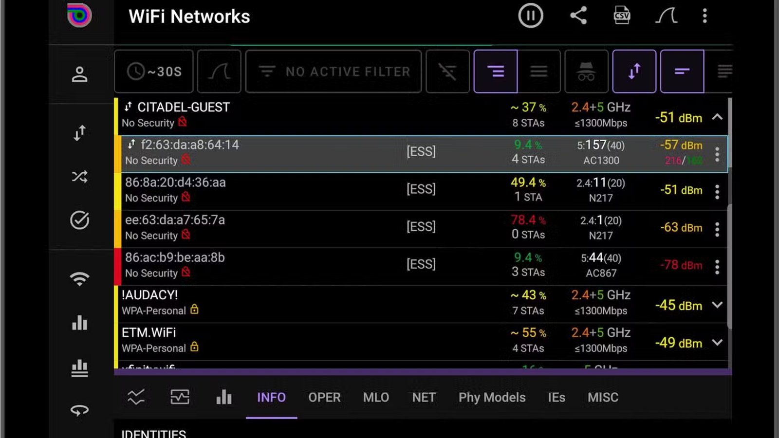 Analiti Wi-Fi Analyzer montrant les réseaux Wi-Fi
