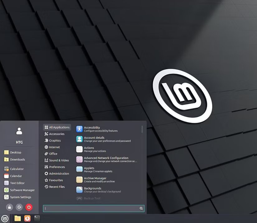 Une capture d'écran des options du menu Démarrer de Linux Mint