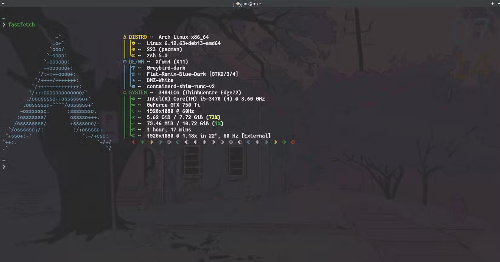 Informations sur le système Arch Linux dans un terminal.