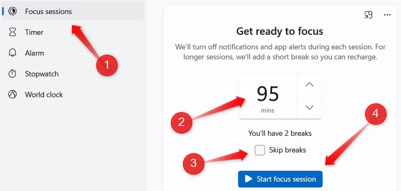 Démarrage d'une session de focus dans l'application Clock sous Windows.