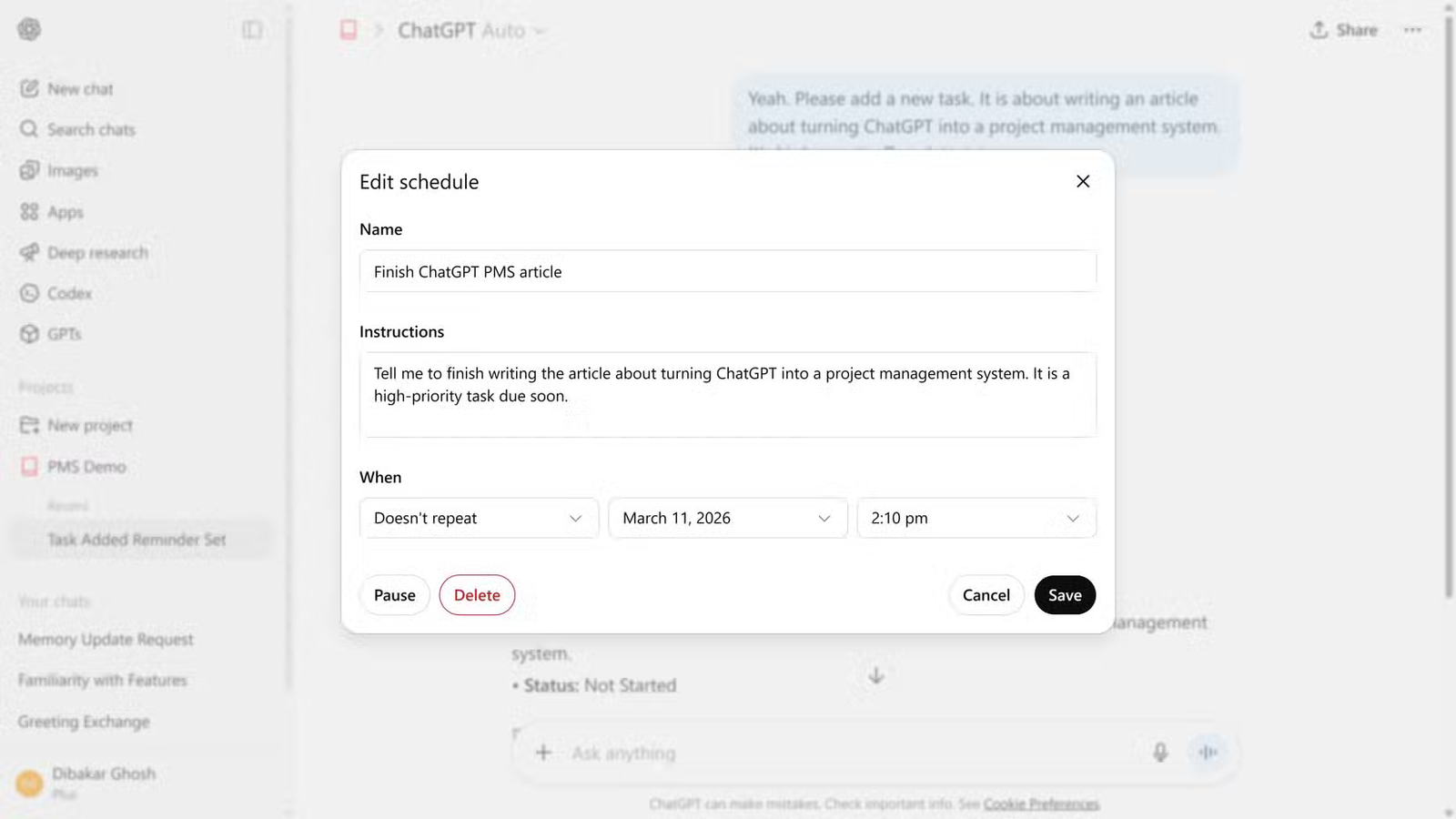 Interface de planification de tâches ChatGPT.