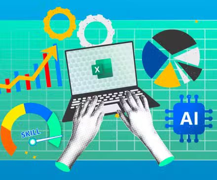 Deux mains utilisant un ordinateur portable avec le logo Excel sur l'écran et quelques icônes et graphiques autour.