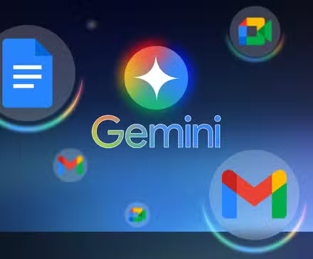 Logo Google Gemini centré parmi des icônes 3D lumineuses pour Google Docs, Gmail et Google Meet.