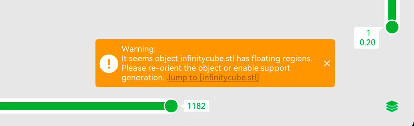 Le slicer Bambu Studio avertit que des supports sont nécessaires pour une impression.