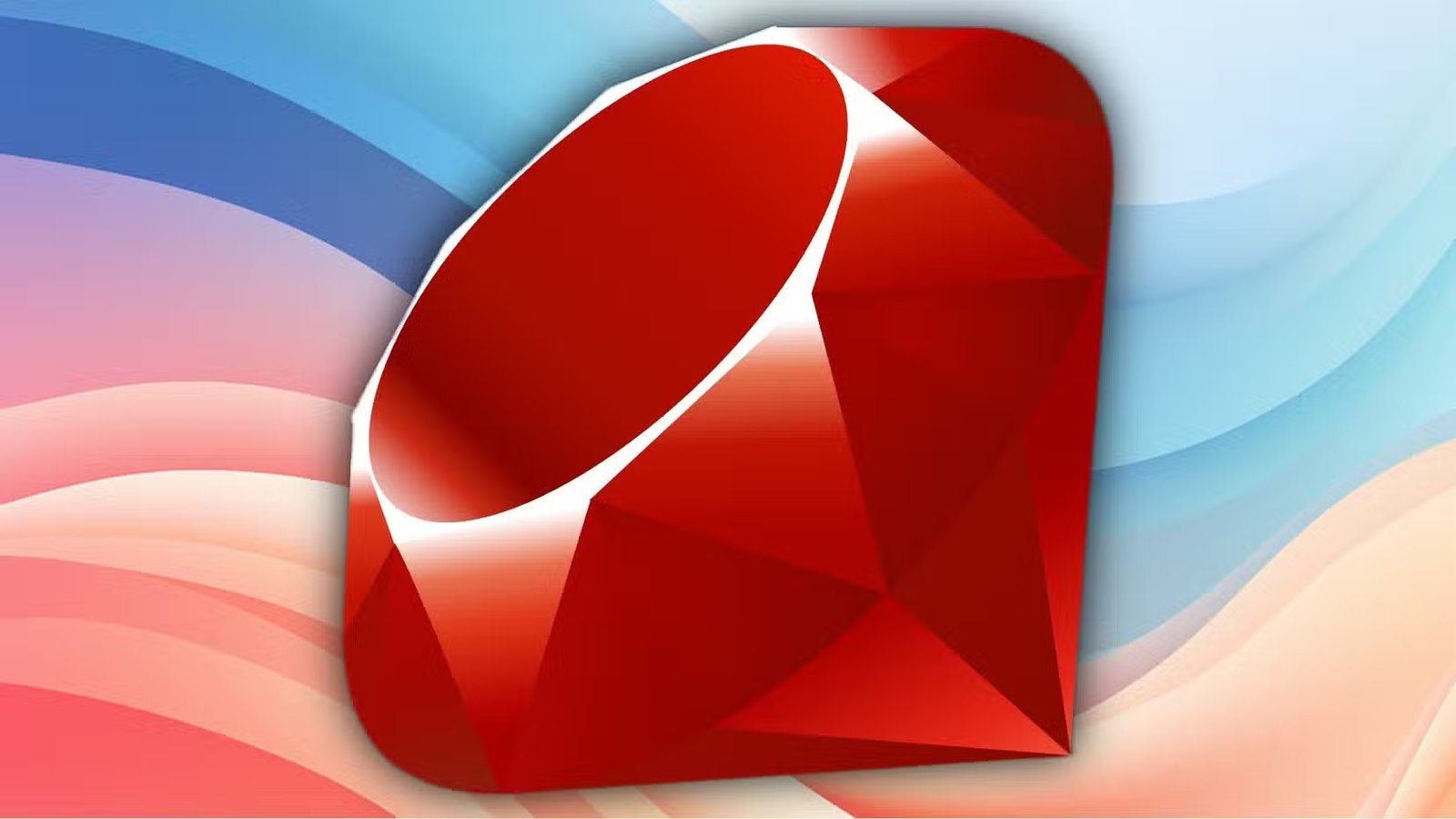 Le logo Ruby sur fond fluide avec du bleu et du rose