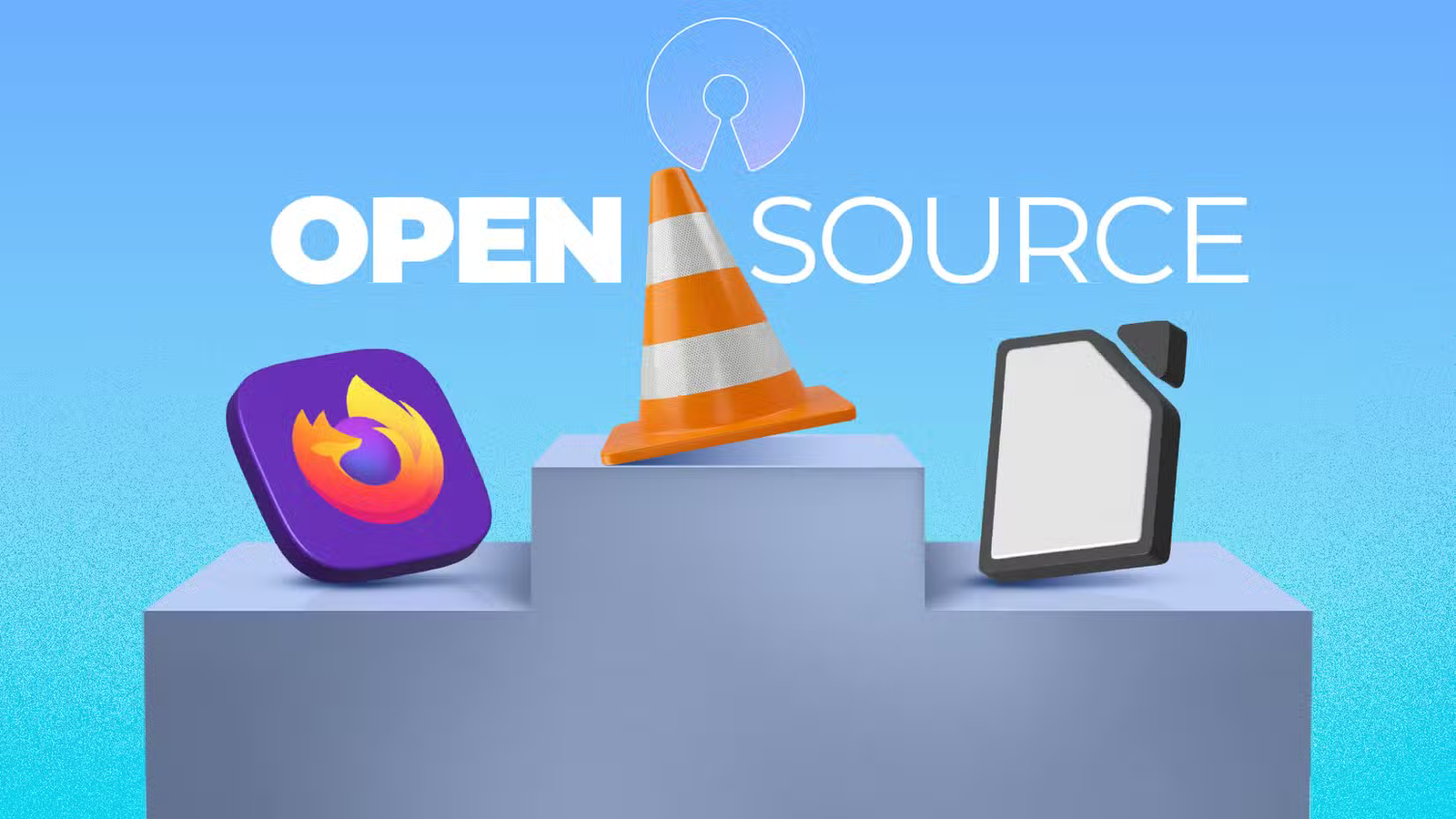 Icônes Firefox, VLC et LibreOffice debout sur un podium sous les mots « OPEN SOURCE ».