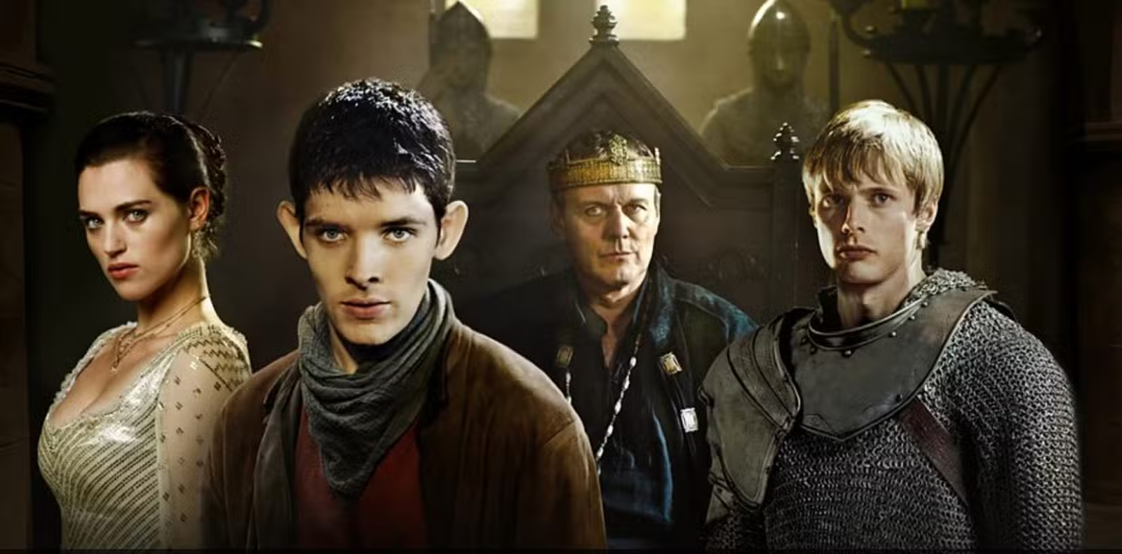 Collage de personnages de la série Merlin de la BBC 2008.