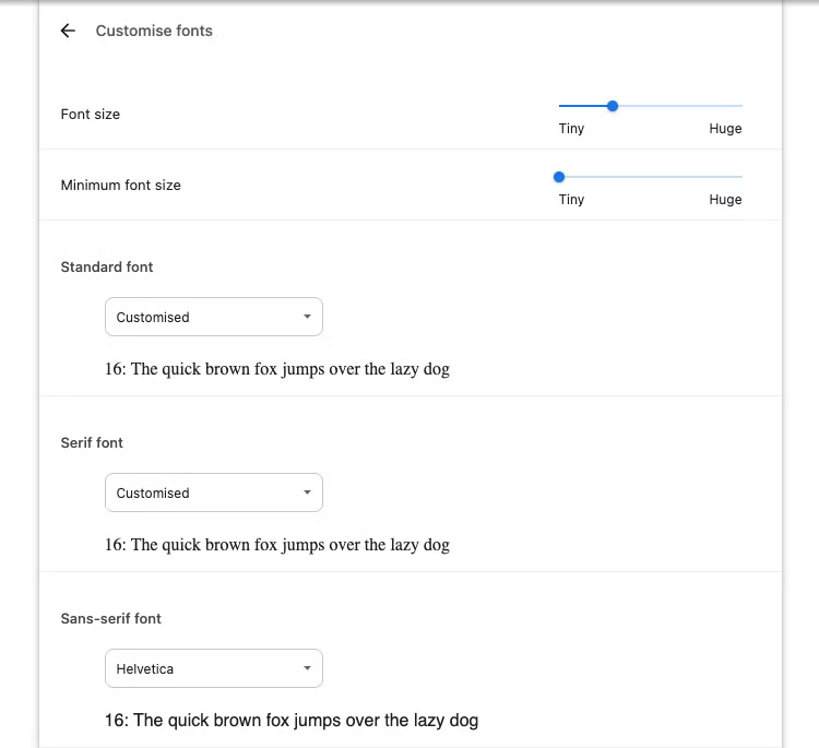 Les paramètres de personnalisation du navigateur Chrome incluent la taille de la police et les familles de polices préférées.