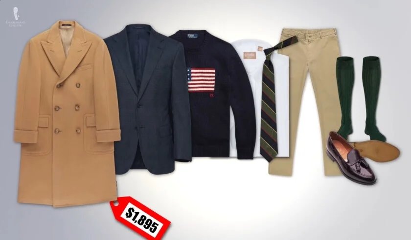 Tenue complète pour hommes fabriquée aux États-Unis, comprenant un pardessus, un manteau de sport, un pull, une chemise, une cravate, un pantalon chino, des chaussettes et des mocassins.