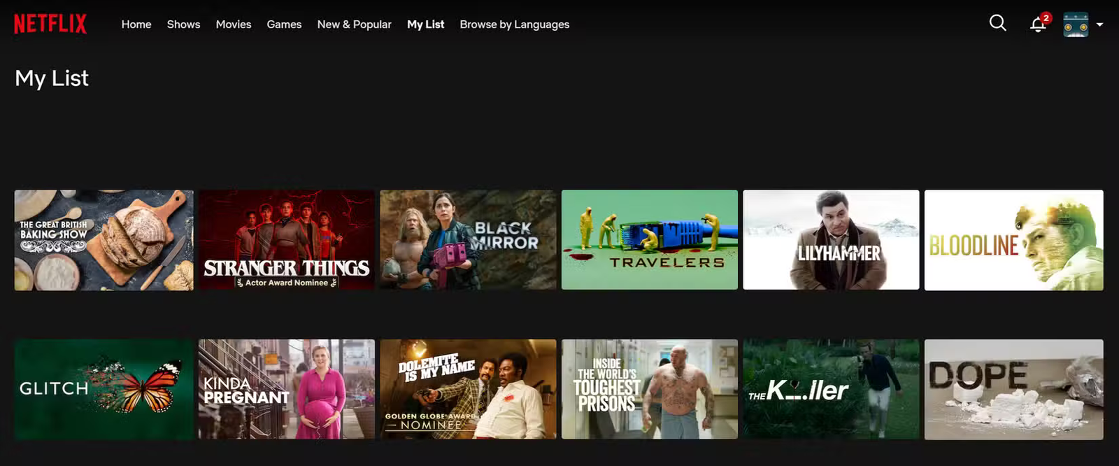 Une capture d'écran de la page Ma liste de Netflix où les utilisateurs peuvent mettre en file d'attente des émissions et des films à regarder plus tard.