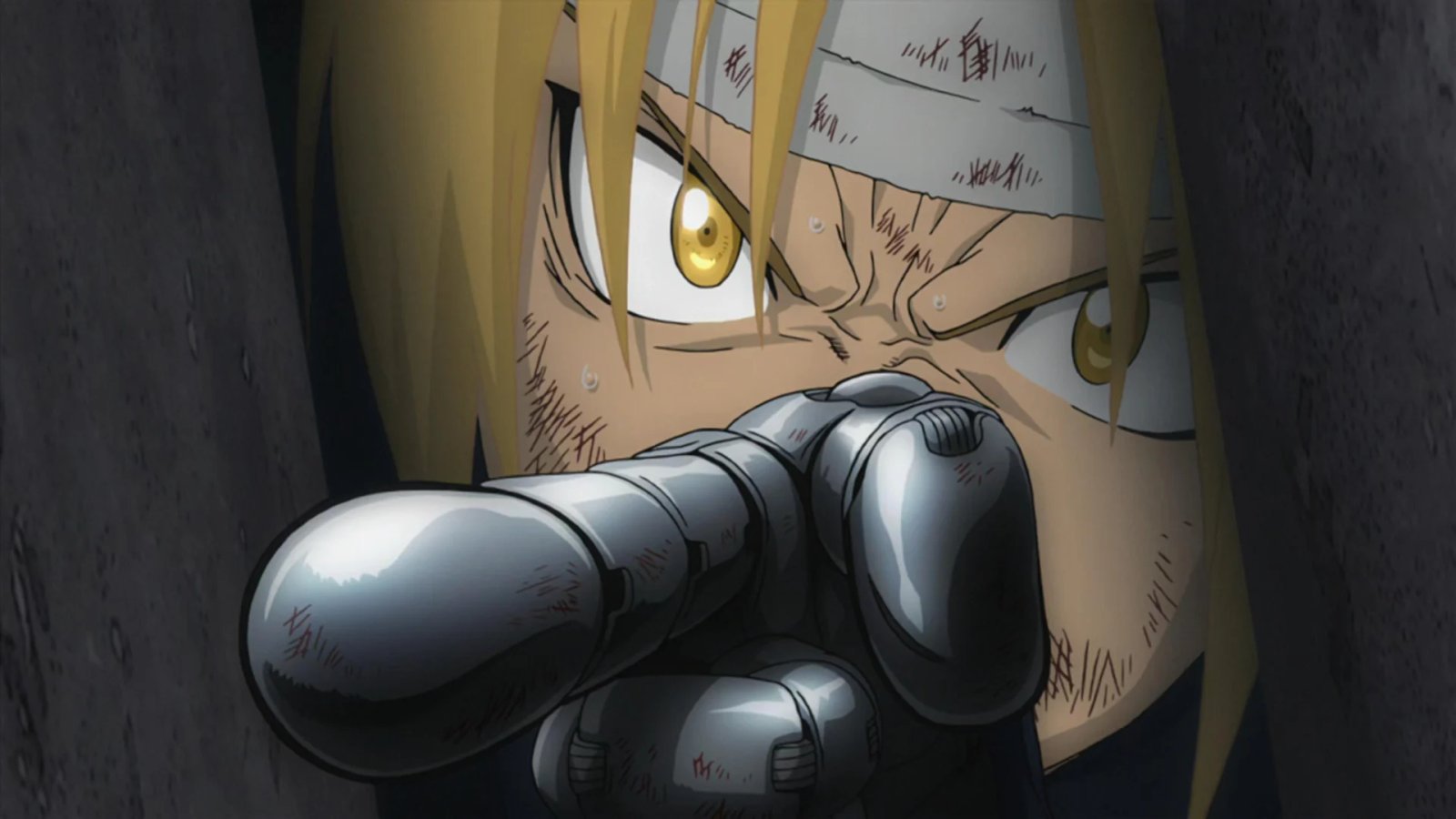 Fullmetal Alchemist Brotherhood montre toujours Edward pointant du doigt avec détermination. 