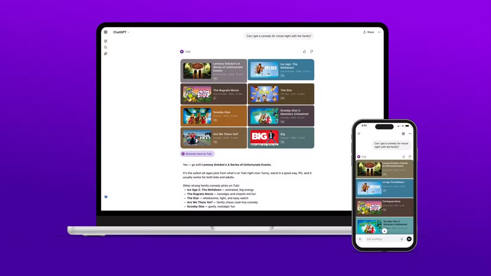 Recherche de films et d'émissions de télévision Tubi à l'aide d'une application ChatGPT native