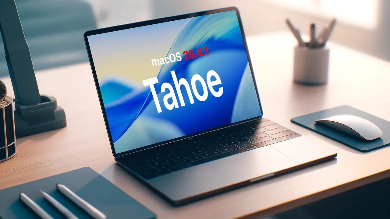 Un Mac exécutant l'écran de mise à jour macOS 26.4.1, mettant en évidence les corrections de bugs, les correctifs de sécurité et une augmentation de 2,5 Go de stockage.
