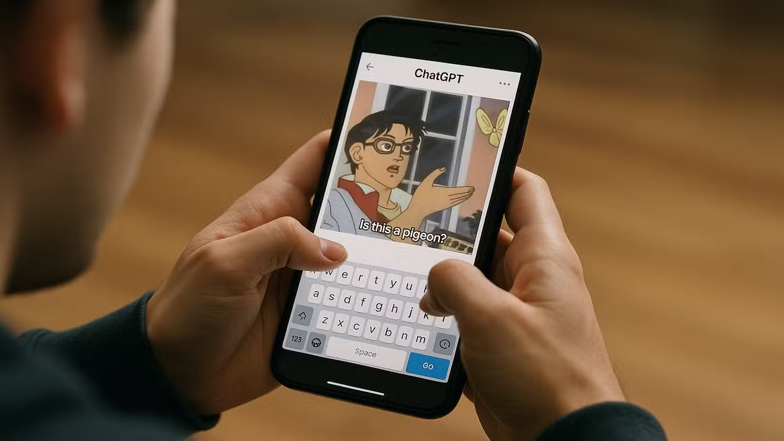 Image générée par ChatGPT d'un homme créant des images du Studio Ghibli sur son téléphone à l'aide de ChatGPT.