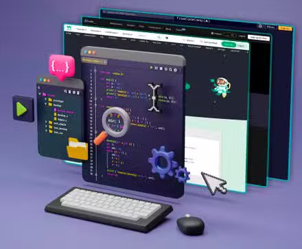 Illustration d'un IDE avec plusieurs lignes de code et quelques sites Web en arrière-plan.