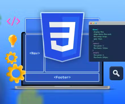 Illustration d'un ordinateur portable avec le logo CSS, une grille derrière et quelques icônes autour.