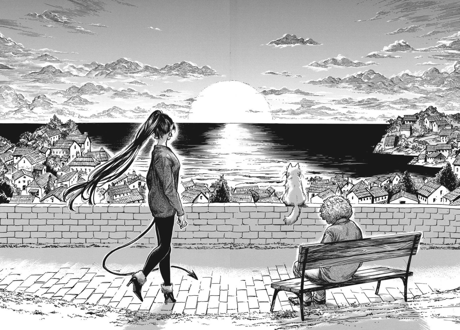 Eniale & Dewiela Manga panel de femmes regardant un coucher de soleil.