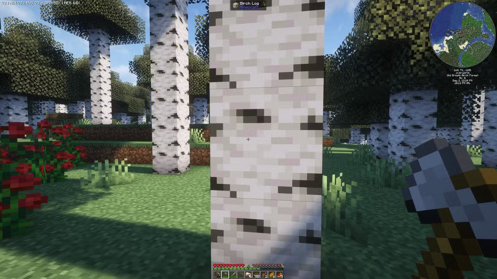 Un bouleau dans Minecraft avec une hache à la main prêt à l'abattre.