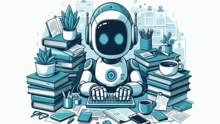 Un chatbot IA assis à un bureau à la maison.