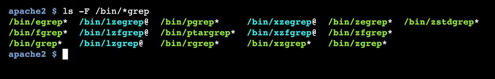 La commande Linux ls avec l'option -F qui ajoute un "*" à la fin des exécutables et un "@" à la fin des liens.