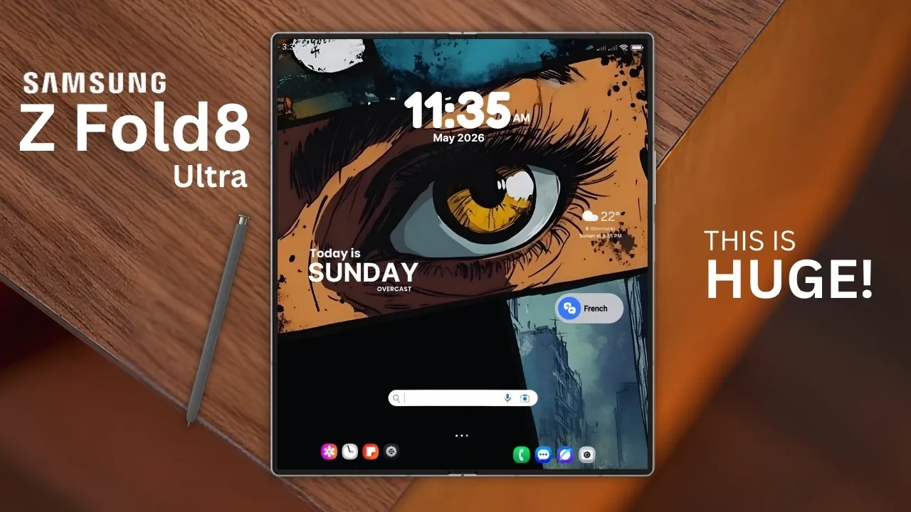 Vue de face du Samsung Galaxy Z Fold 8 Ultra montrant l'écran plus large