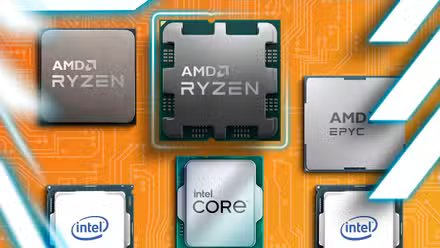 Surface avec certains processeurs et circuits Intel et AMD en arrière-plan.