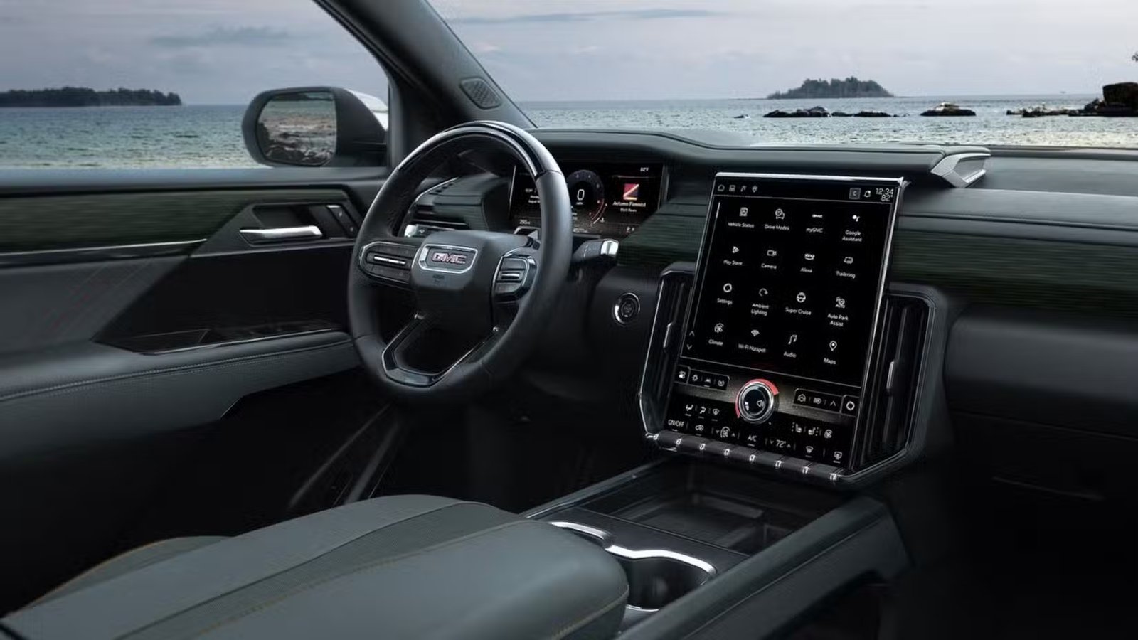 Plan du tableau de bord à l'intérieur de l'habitacle d'un GMC Acadia 2024.