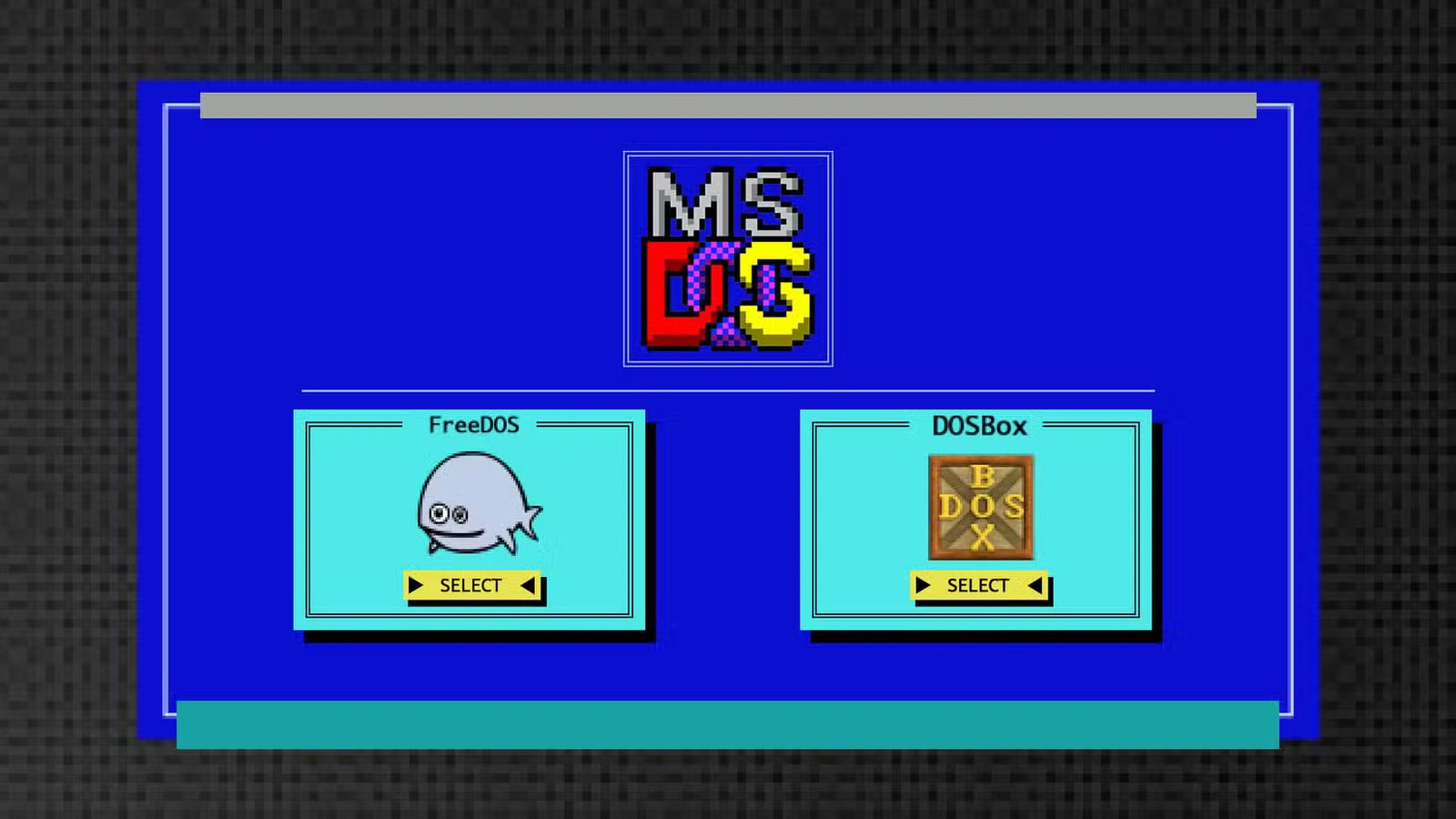 Illustration d'un terminal avec le logo MSDOS et les logos de FreeDOS et DOSBox ci-dessous.