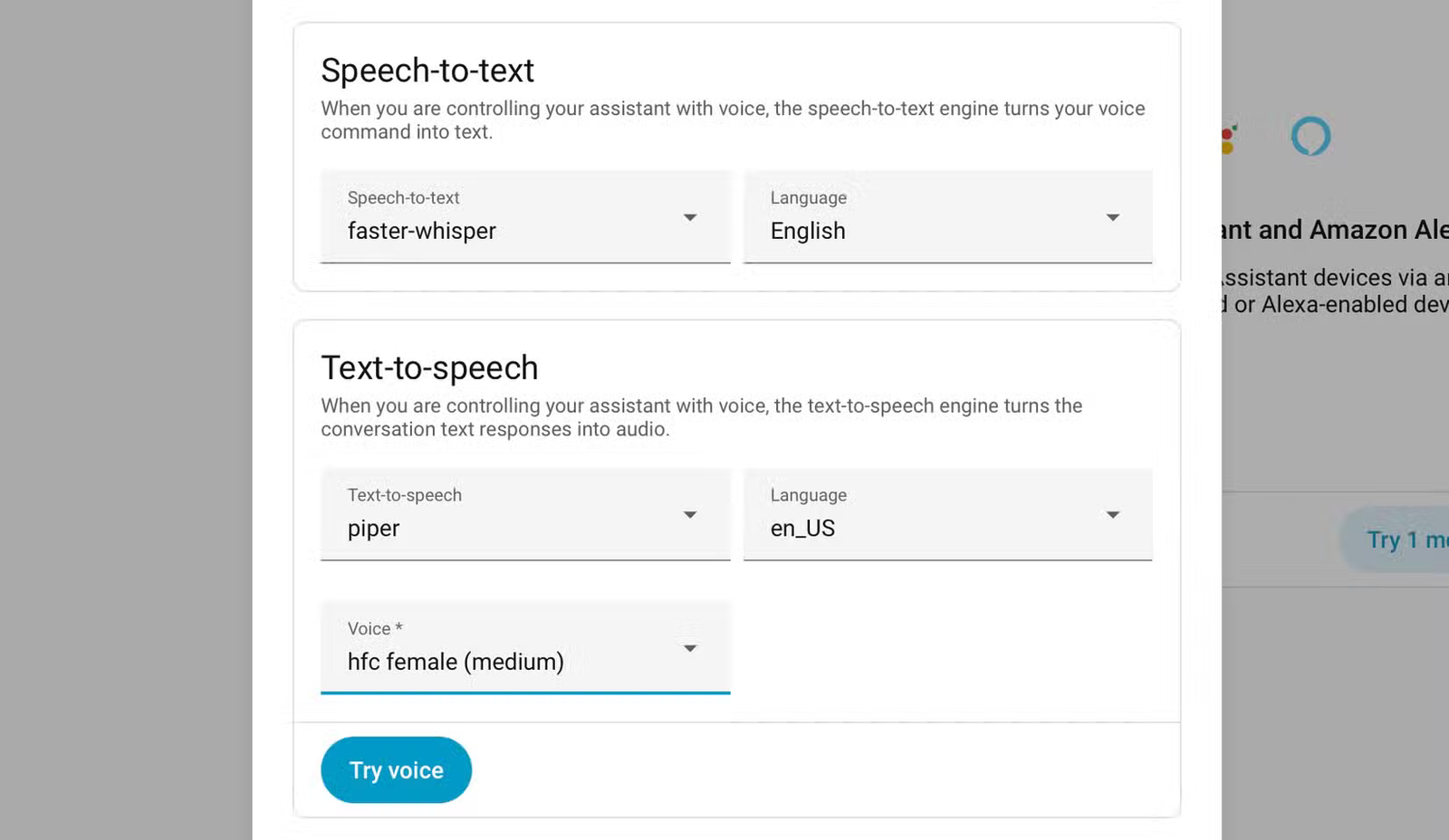 Paramètres de synthèse vocale et de synthèse vocale de l'assistant vocal Home Assistant.