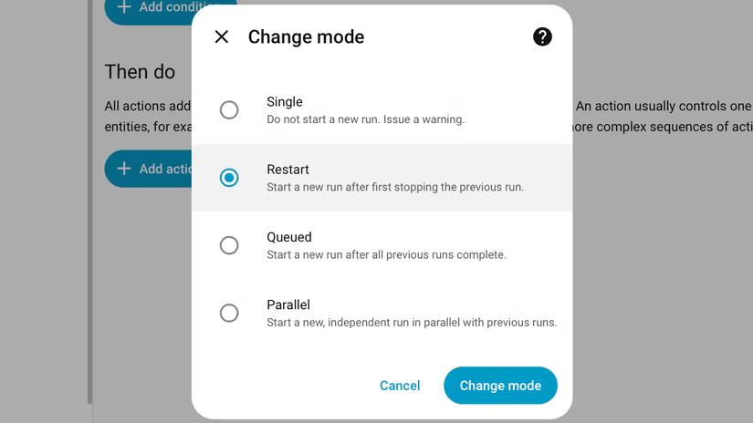 Sélection du mode de redémarrage dans l'éditeur domotique de Home Assistant.