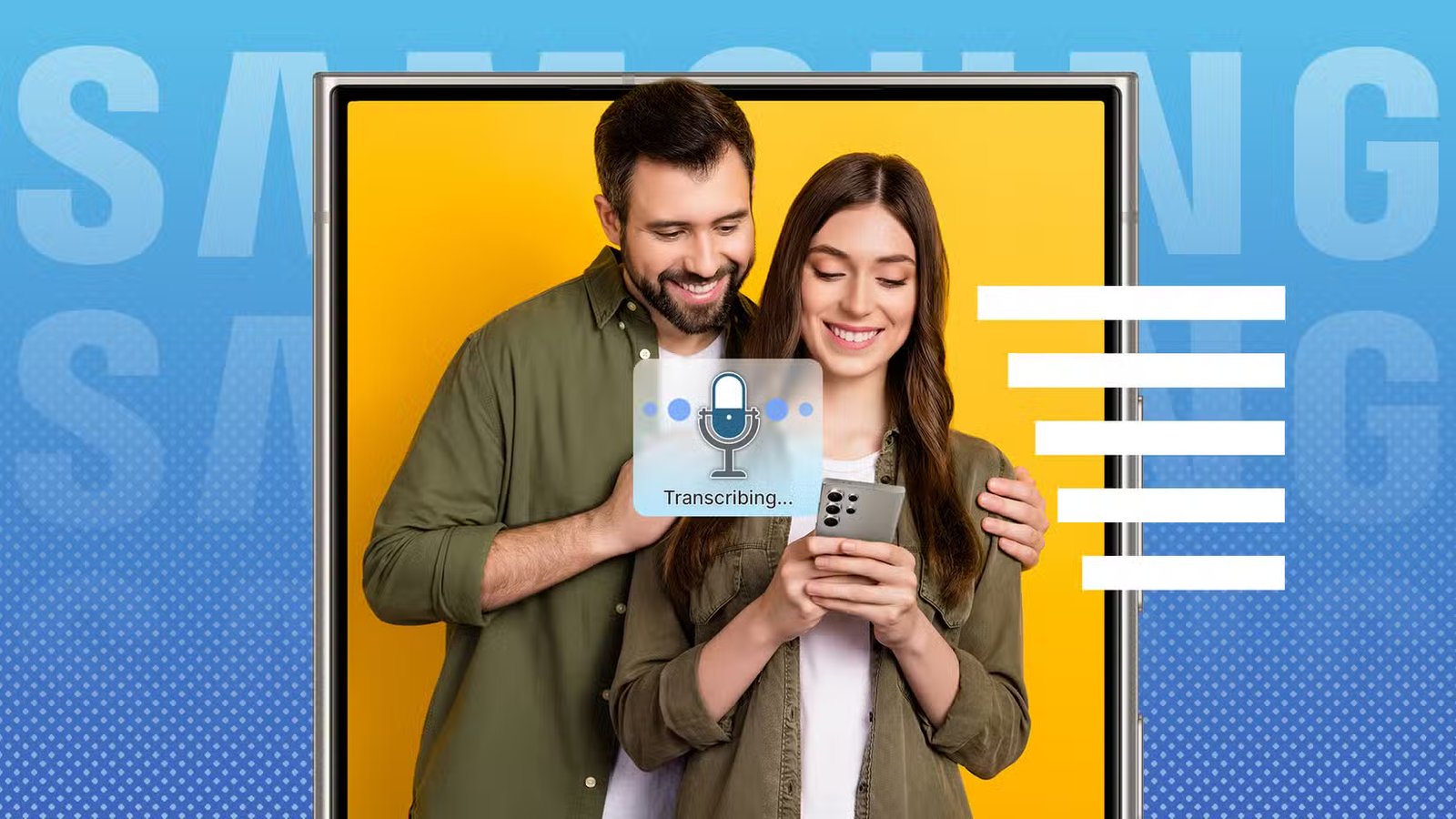 Un couple heureux avec la femme tenant un S24 Ultra et l'icône de transcription au centre.