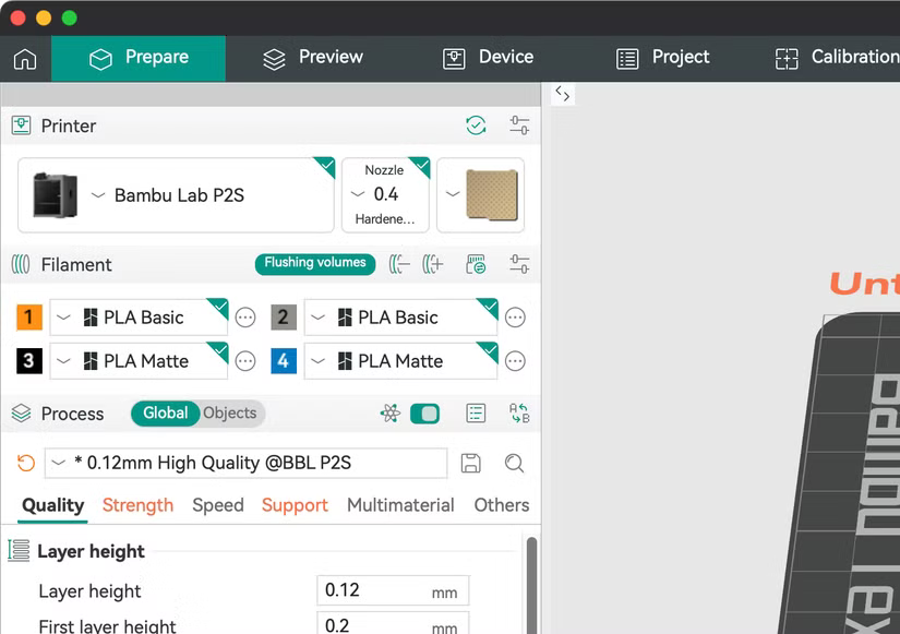 Bambu Lab P2S dans OrcaSlicer.