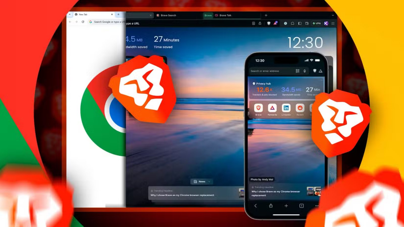 Écran partagé entre les navigateurs Chrome et Brave, Brave occupant la majorité de l'espace.