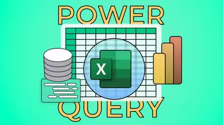Logo Excel avec une feuille de calcul en arrière-plan, quelques graphiques autour et « Power Query » écrit.