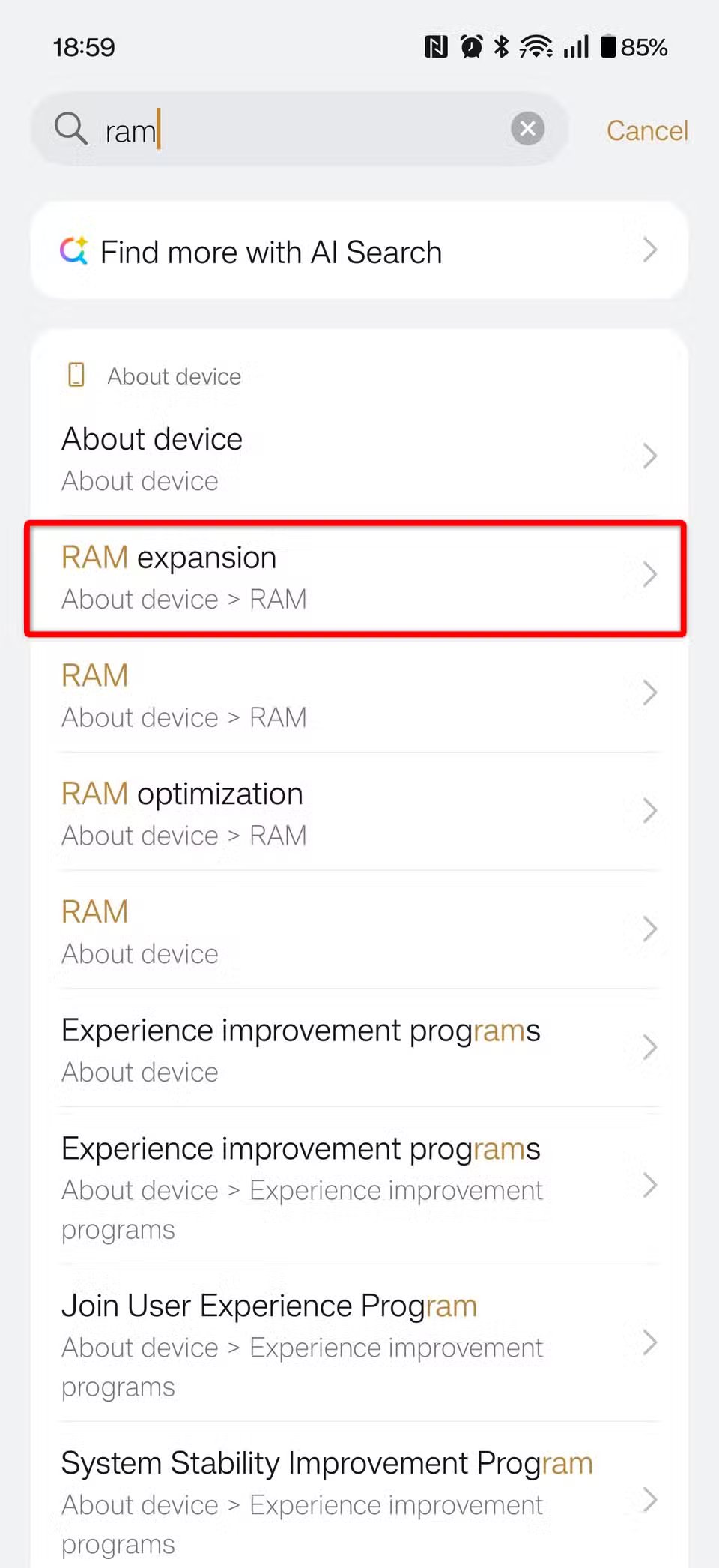 Résultats de la recherche pour "BÉLIER" dans les paramètres d’un OnePlus 15.