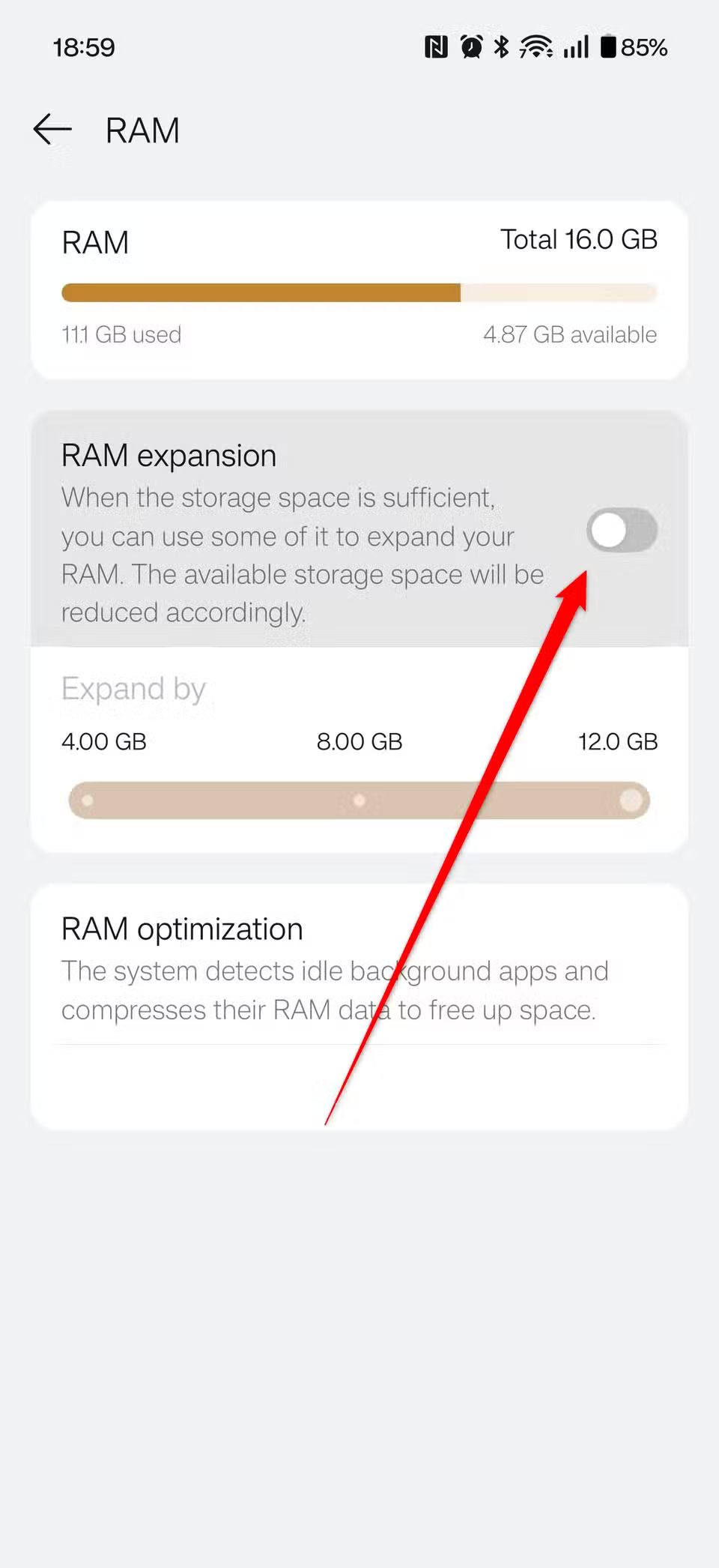 La fonctionnalité d’extension de RAM sur un OnePlus 15 désactivée.