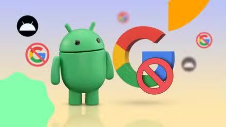 Macot Android à côté d'un grand logo Google barré.