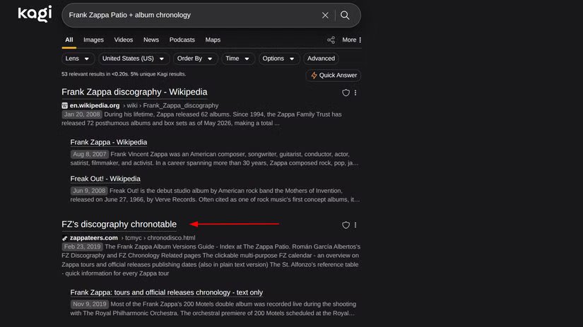 Une recherche kagi montrant un résultat de recherche de haute qualité intitulé « Frank Zappa Chronology ».