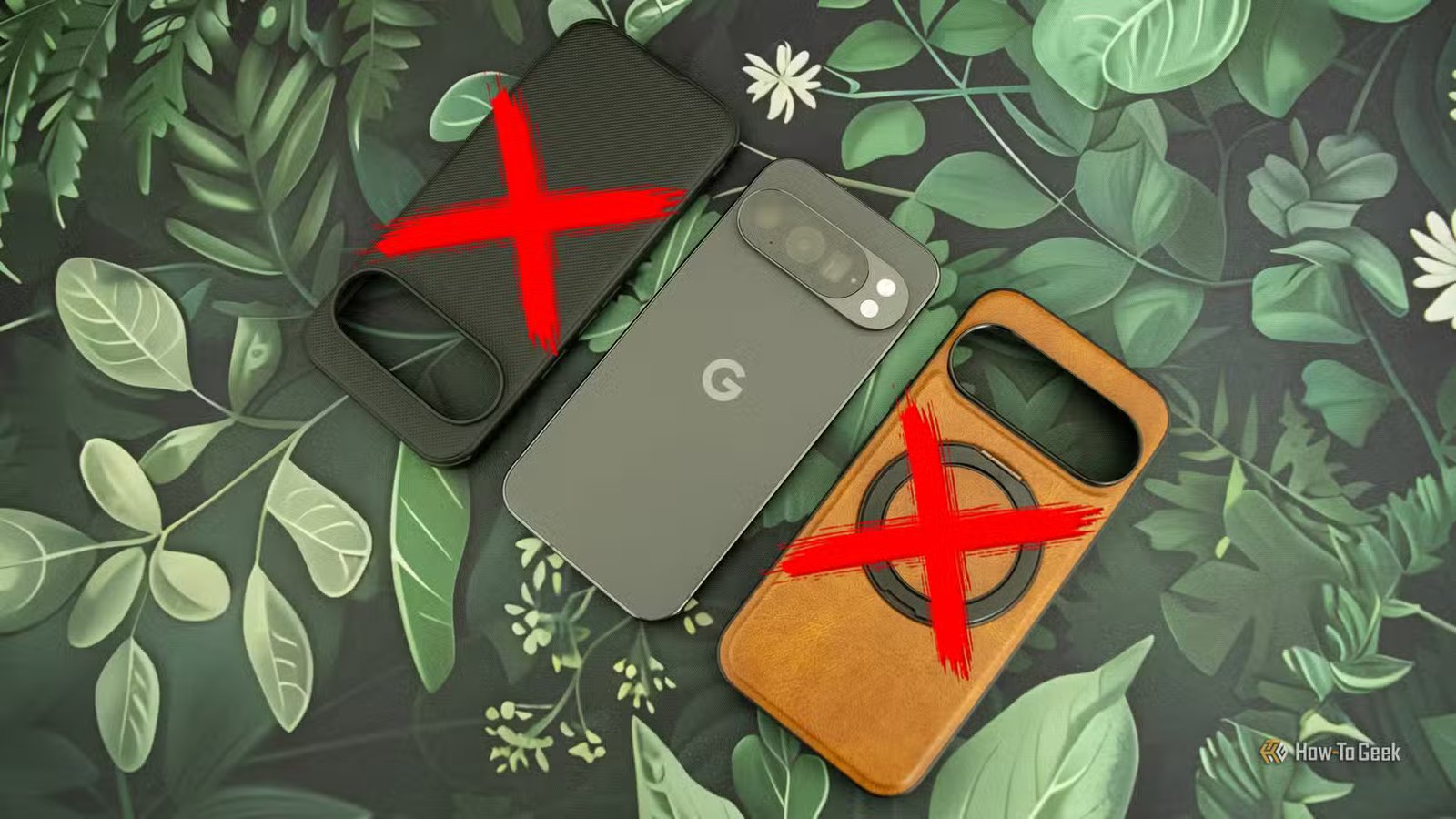 Un Google Pixel 10 Pro entouré de deux coques de téléphone portant de grandes marques X rouges. 