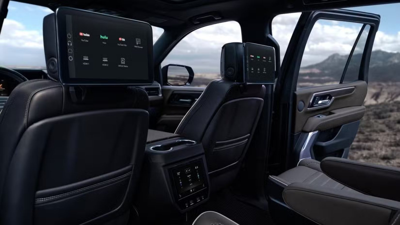 Plan des écrans de divertissement de la deuxième rangée d'un GMC Yukon Denali 2025.